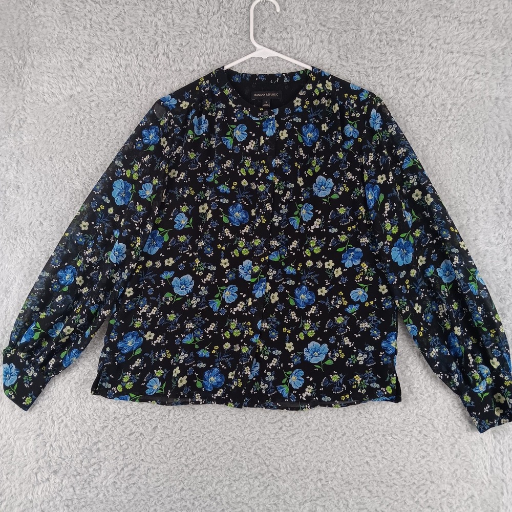 Banana Republic Womens Small Black Blue Floral Band Collar Hidden Button Blouse